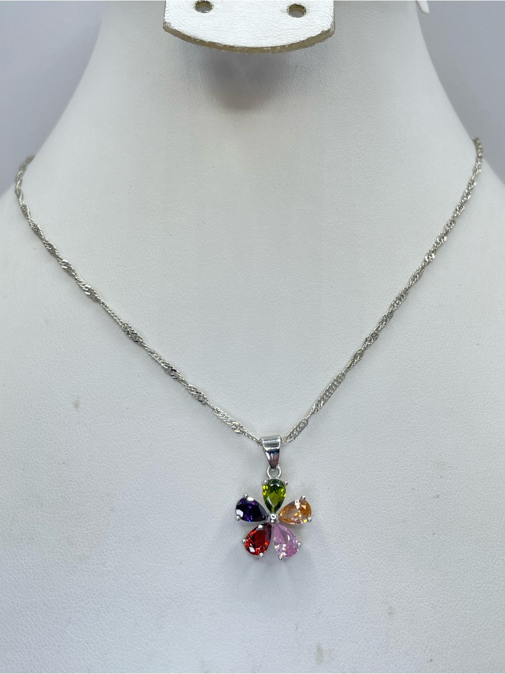 Silver Rainbow Multicolor Crystal Flower Pendant Necklace Statement
